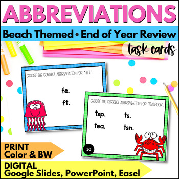 Preview of Summer Abbreviations Task Cards - Abbreviations Review Activity for End of Year
