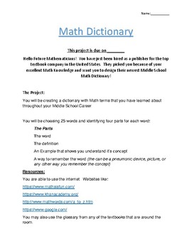 Preview of Math Dictionary: End of Year Activity For Middle Schoolers