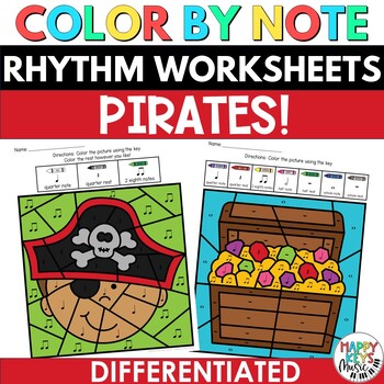 Preview of End of Year Music Coloring Activity - Color by Note Rhythm Worksheets - Pirates