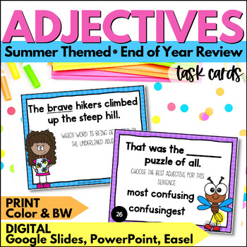 Preview of Summer Adjectives Task Cards - Adjectives Review Activities for End of Year