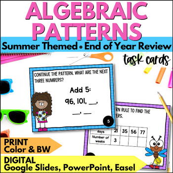 Preview of Summer Algebraic Patterns Task Cards - Number Patterns Activity End of Year