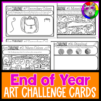 Preview of End of Year Art Lesson Challenge Cards, 40 Drawing Prompts and Art Activities