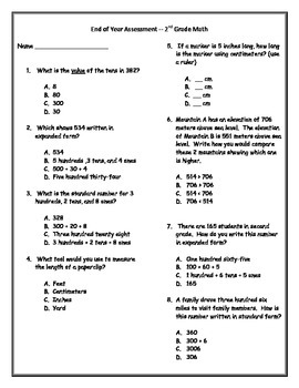Preview of End of Year Assessment for 2nd grade Math