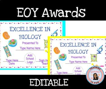 Preview of End of Year Awards Certificates Editable Biology Templates