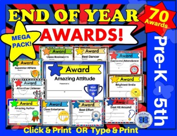 Preview of 70 End of Year Awards Certificates - Editable - Class Superlatives PreK thru 5th