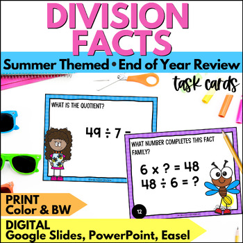 Preview of Summer Basic Division Practice Task Cards Beginning Division Review End of Year