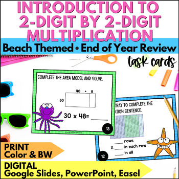 Preview of Summer Beginner 2 Digit by 2 Digit Multiplication Task Cards Review End of Year