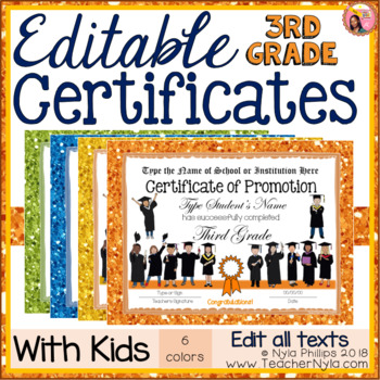 Preview of Editable End of Year Certificates - 3rd Grade - Glitter Borders with Kids