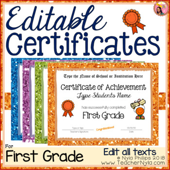 Preview of Editable End of Year Certificates for First Grade Completion- Glitter Borders