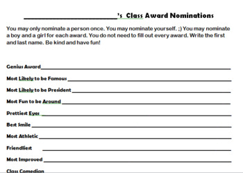 Preview of End of Year Class Awards Nomination Sheet and Excel Template