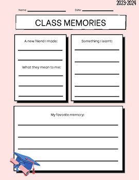 Preview of End of Year Class Memories Worksheet