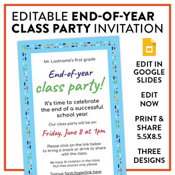 Preview of End-of-Year Class Party Invitation: Fully editable!