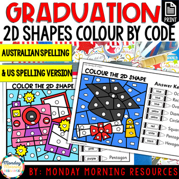Preview of End of Year Color by Code Graduation 2D Shapes Activity for Kindergarten