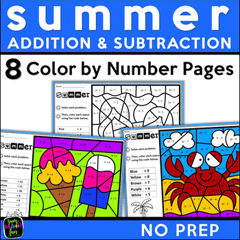 Preview of Summer Color by Number Code Addition & Subtraction Within 20 Coloring Pages