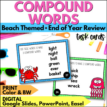 Preview of Summer Compound Words Task Cards - Compound Words Review Activity End of Year