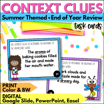 Preview of End of Year Using Context Clues Task Cards - Summer Vocabulary Practice Activity
