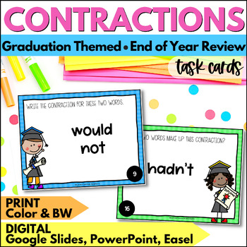Preview of Summer Contractions Task Cards - Contractions Review Activity for End of Year