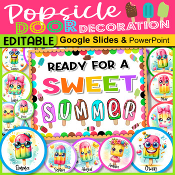 Preview of End of Year Door Decorations Summer, Popsicle Bulletin Board, Name Tags Editable