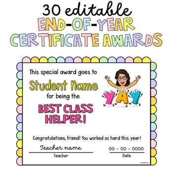 Preview of End-of-Year (EOY) Editable Certificate Awards | Pastel Rainbow Scallop Border