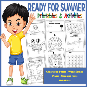 Preview of End of Year FUN Activity No Prep BEACH THEME Summer Break Crossword, Word search