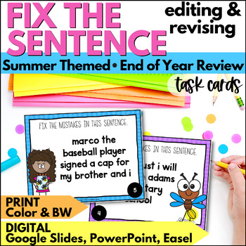 Preview of End of Year Fix the Sentence ELA Task Cards - Editing & Revising Review Practice