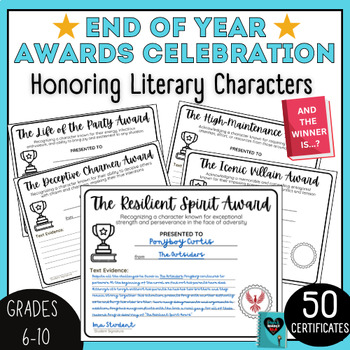 Preview of End of Year Fun Literary Character Awards Certificates ELA Middle School 7th 8th