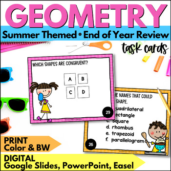 Preview of Summer Geometry Task Cards  - Geometry Vocabulary Review Activities End of Year