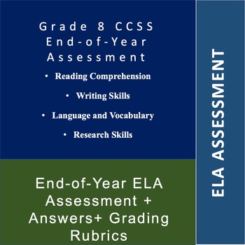 Preview of End-of-Year Grade 8 ELA Assessment: W/ Answers and Essay Responses+ Rubrics