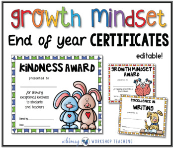 Preview of End of Year Growth Mindset Editable Certificates