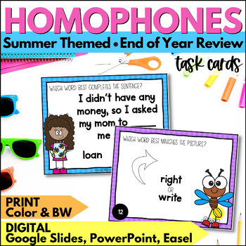 Preview of Summer Homophones Task Cards - Homophones Vocabulary Activity End of Year