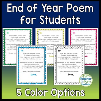 End of Year Letter (Poem) for Students: 5 Color Options | TpT