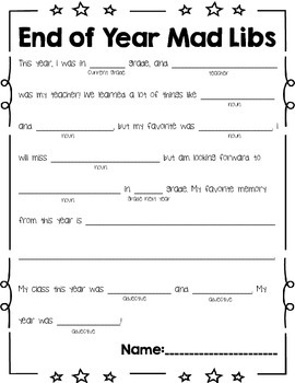 Preview of End of Year Mad Libs Worksheet Activity