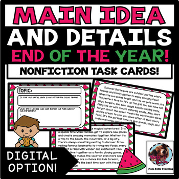 Preview of End of Year Main Idea and Details Task Cards Google Slides Ready