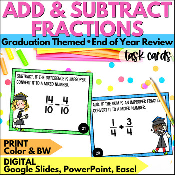 Preview of Summer Adding & Subtracting Fractions Task Cards Review Activity End of Year