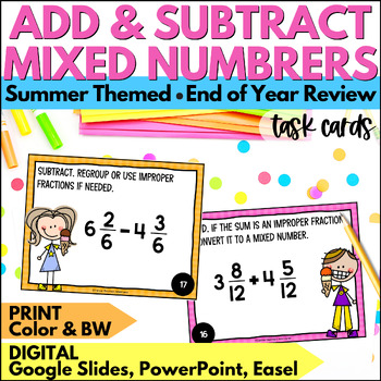 Preview of End of Year Adding & Subtracting Mixed Numbers with like Denominators Task Cards