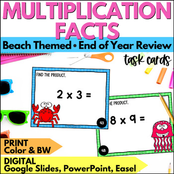 Preview of Summer Multiplication Facts Task Cards Math Fluency Practice Review End of Year