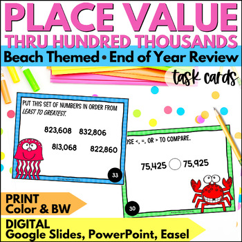 Preview of Summer Place Value Task Cards thru Hundred Thousands Practice Review End of Year