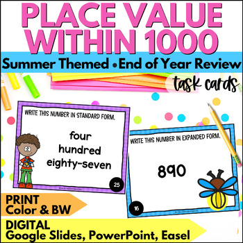 Preview of Summer Place Value thru 1000 Task Cards Practice Review Activity End of Year