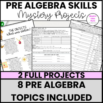 Preview of Pre Algebra Skills Project BUNDLE | End of Year Review | Middle School | Mystery