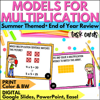 Preview of Summer Beginner Multiplication Task Cards Facts Practice Review End of Year