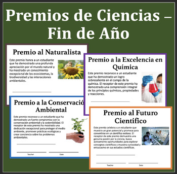 Preview of End of Year Middle School Science Awards - SPANISH VERSION - 39 Year End Awards