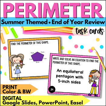 Preview of Summer Perimeter Task Cards Finding Perimeter Review Activities for End of Year
