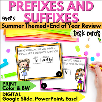 Preview of Summer Prefixes and Suffixes Task Cards level 2 - Vocab Activities End of Year