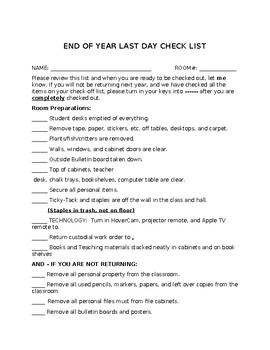 Preview of End of Year Procedures: end of year last day checklist (Editable resource)