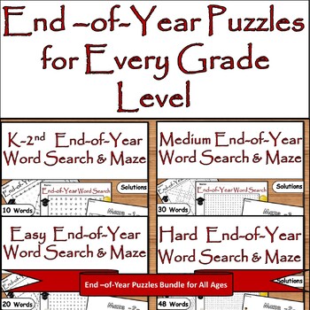 Preview of End-of-Year Puzzles: Hard, Medium, Easy & Kindergarten Word Search & Maze Bundle