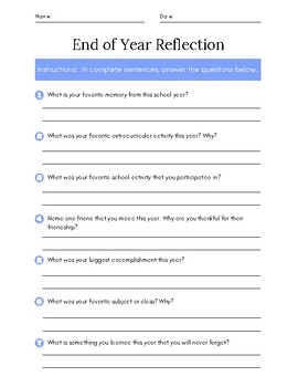 Preview of End of Year Reflection Questions for Students Worksheet