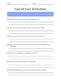 End of Year Reflection Questions for Students Worksheet