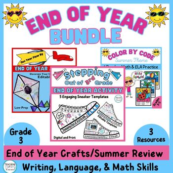 Preview of End of Year Summer Fun Review Packet Writing Reflection Craft Activity 3rd Grade