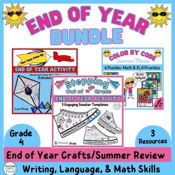 Preview of End of Year Summer Fun Review Packet Writing Reflection Craft Activity 4th Grade