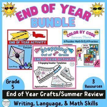 Preview of End of Year Summer Fun Review Packet Writing Reflection Craft Activity 5th Grade